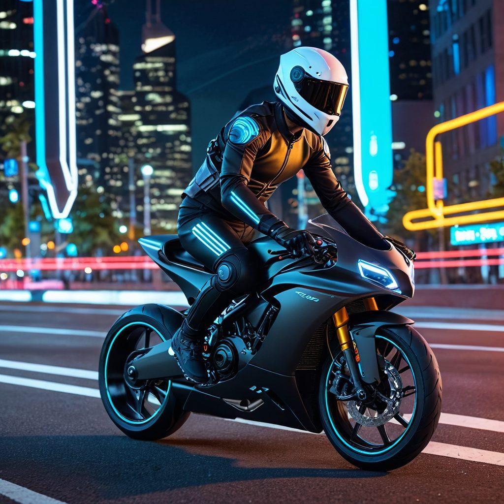 Futuristic hyperbike speeding on a sleek urban track, surrounded by cutting-edge cycling gear and high-performance equipment. The rider clad in a modern aerodynamic outfit with a high-tech helmet, illuminated by neon city lights. Background showcases a blend of nature and advanced infrastructure. super-realistic. vibrant colors. urban sci-fi.