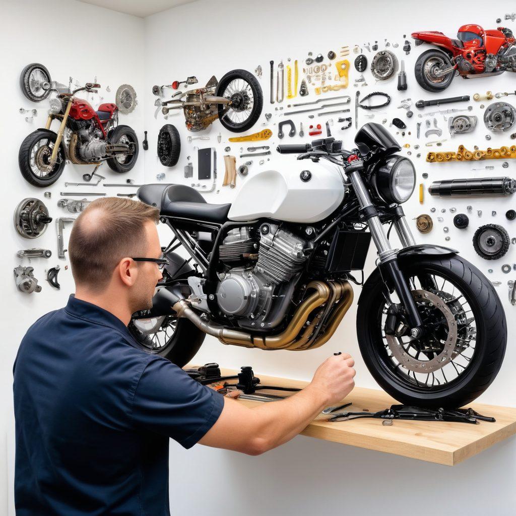 A detailed workshop scene with a mechanic expertly tuning a sleek motorcycle, surrounded by various bike customization tools, gears, and parts. The background features a wall-mounted diagram showcasing intricate maintenance tips. vibrant colors. super-realistic. white background.