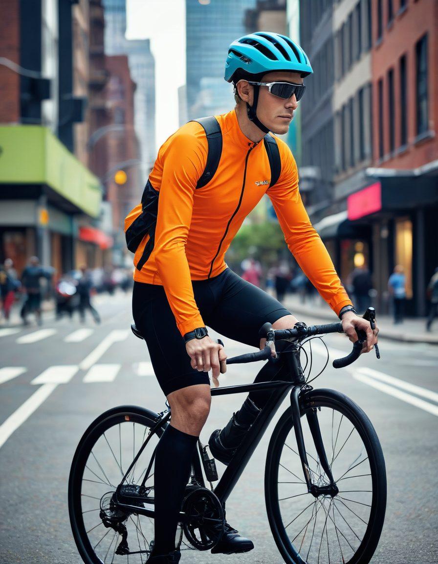 A dynamic scene showcasing a modern cyclist riding through an urban landscape, surrounded by essential gear such as a sleek helmet, a high-tech bike computer, stylish cycling apparel, and a compact repair kit attached to the bike. Emphasize the cutting-edge design and functionality of each accessory. super-realistic. vibrant colors. modern aesthetics.